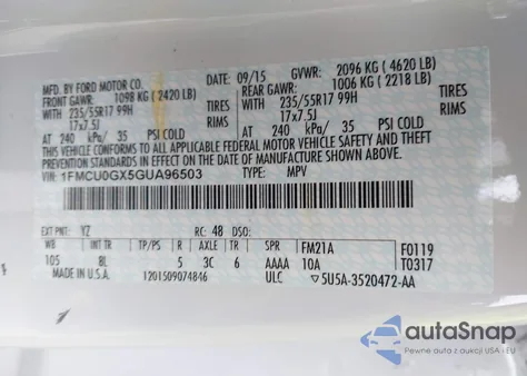 2016 Ford Escape Se из США, поврежденный, VIN 1FMCU0GX5GUA96503